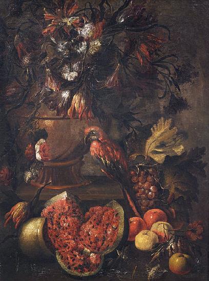 Anonymous Stilleben mit Blumen, aufgeschnittener Melone und anderem Obst sowie einem Papagei